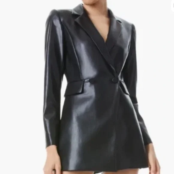 Alice + Olivia Kyrie Vegan Leather Blazer Romper | Black Faux Leather | Back Zip - Picture 9 of 10